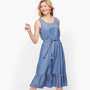 Talbots Blue Denim 100% cotton Sleeveless belted flounce hem dress size16P